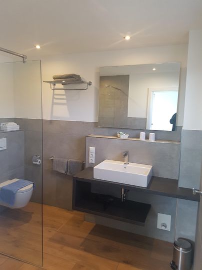 Ein modernes Badezimmer mit Dusche, Waschbecken und Holzfußboden. Die Wandgestaltung ist neutral und gepflegt.