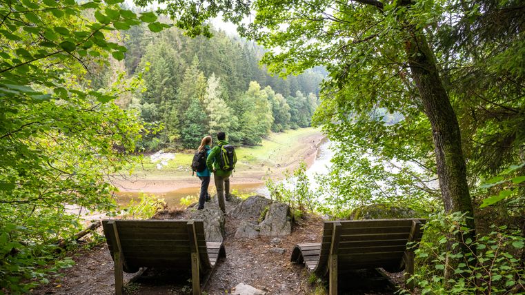 Zwei Wanderer stehen auf einem Aussichtspunkt mit Blick auf einen bewaldeten Hang und einen Fluss.