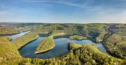 Eine panoramische Sicht auf einen malerischen Fluss mit sanften Kurven, umgeben von grünen Hügeln. Der klare Himmel und die ruhige Wasseroberfläche schaffen eine friedliche Atmosphäre.