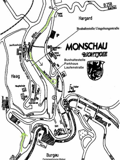 Eine einfache Karte von Monschau mit Straßen, Haltestellen und Parkplätzen. Die wichtigsten Punkte sind deutlich markiert.