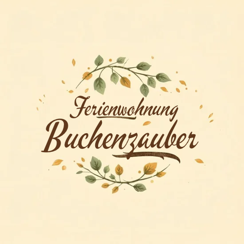 Ein elegantes Logo für eine Ferienwohnung. Der Schriftzug "Ferienwohnung Buchenzauber" wird von blattartigen Verzierungen umrahmt.