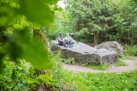 Zwei Personen sitzen auf einem großen Stein in einem grünen Wald. Um sie herum sind Bäume und viel natürliches Grün.