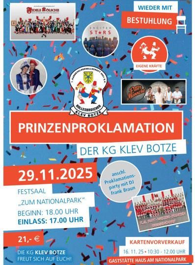 Das Bild zeigt ein Plakat für die Prinzenproklamation der KG Klev Botze am 29. November 2025. Die Veranstaltung findet im Festsaal „Zum Nationalpark“ statt und beginnt um 18 Uhr.