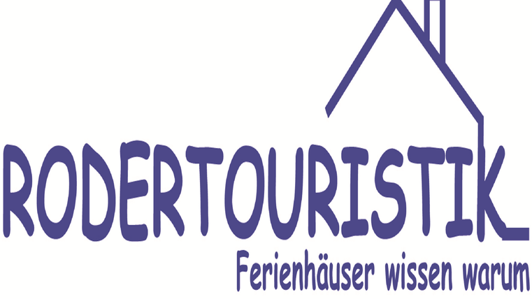 Ein Logo von Rodertouristik mit stilisiertem Haus. Der Slogan lautet: "Ferienhäuser wissen warum."
