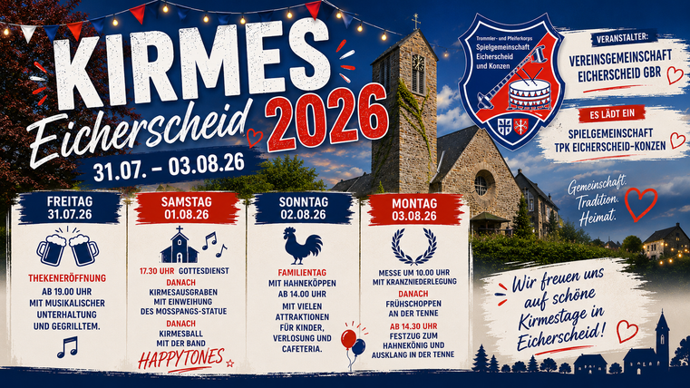 Ein farbenfrohes Plakat für die Kirmes in Eicherscheid 2026. Es zeigt das Veranstaltungsdatum und verschiedene Programmpunkte in einem festlichen Design.