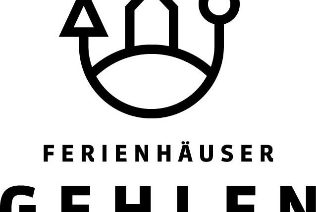 Ein einfaches, modernes Logo für Ferienhäuser Gehlen. Es zeigt stilisierte Symbole für Häuser und Natur.