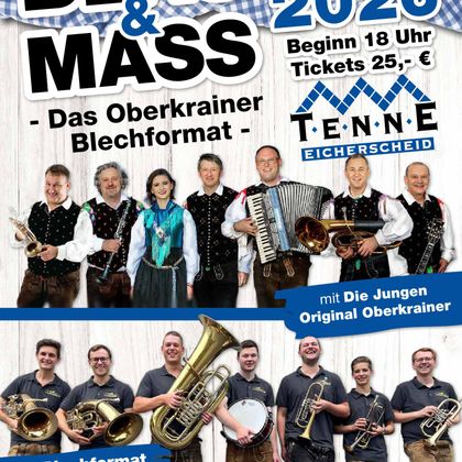 Ein Plakat für die Veranstaltung "Blas & Mass" mit Informationen über das Oberkrainer Blechformat. Es zeigt die auftretenden Musiker und enthält Datum, Uhrzeit und Ticketpreise.