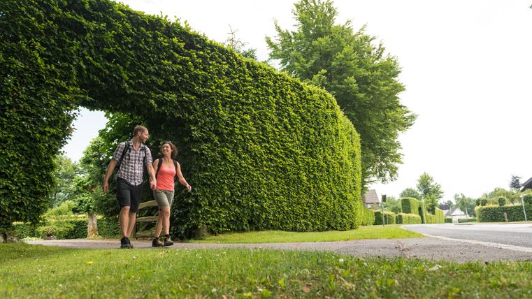 Ein Paar wandert Hand in Hand durch einen grünen Heckenbogen in einer ländlichen Umgebung.