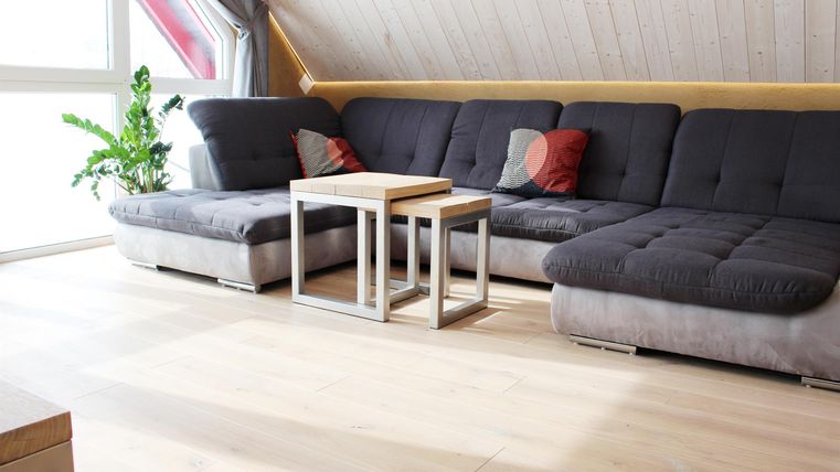 Ein modernes Wohnzimmer mit einem großen, grauen Sofa und einem kleinen Couchtisch. Viel Licht fällt durch die Fenster und eine Pflanze sorgt für eine angenehme Atmosphäre.