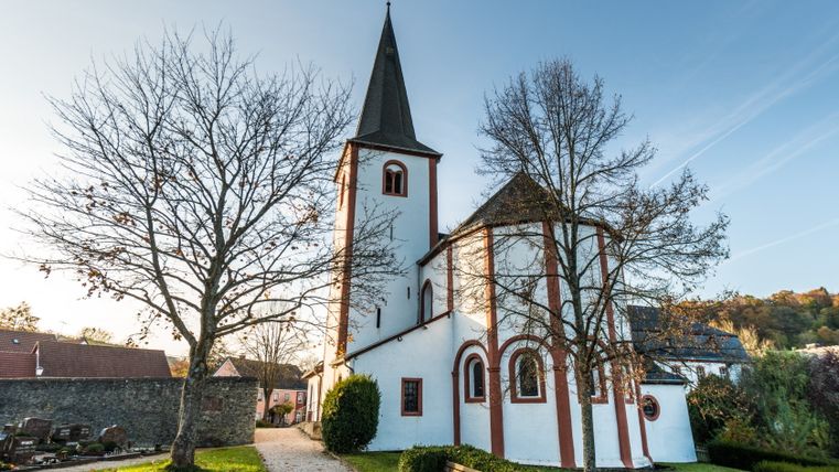 Kloster Niederehe mit weißer Fassade und rotem Turm, umgeben von Bäumen und einem Friedhof.
