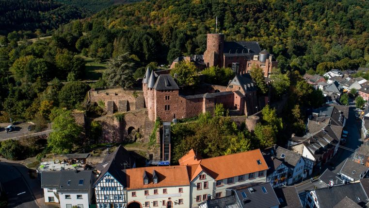 Eine malerische Landschaft mit einer alten Burg auf einem Hügel und charmanten Häusern im Vordergrund. Die Umgebung ist von grünen Wäldern und einem blauen Himmel geprägt.