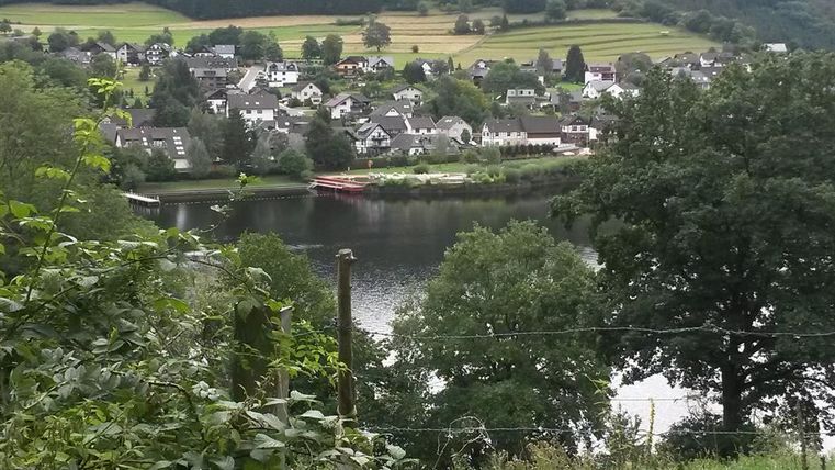 Ein ruhiger See mit einem Dorf im Hintergrund. Umgeben von grünen Bäumen und sanften Hügeln.