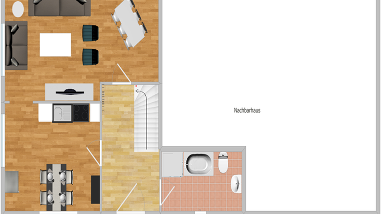 Ein Grundriss eines modernen Wohnraums mit verschiedenen Bereichen. Es gibt eine Küche, ein Esszimmer und ein Badezimmer.