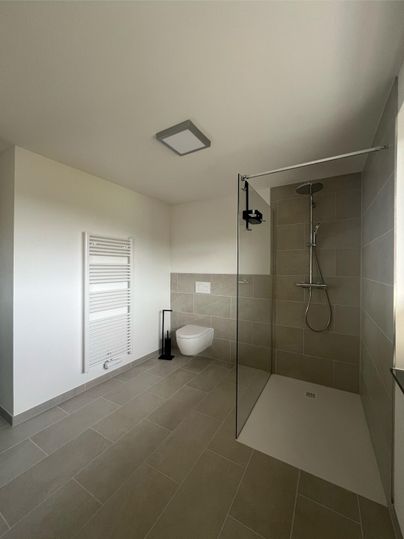 Ein modernes Badezimmer mit einer Dusche und einem WC. Der Raum hat helle Fliesen und eine klare, minimalistische Gestaltung.