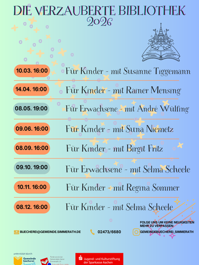 Ein bunter Veranstaltungskalender für die "Verzauberte Bibliothek 2026". Es werden verschiedene Programme für Kinder und Erwachsene angeboten.