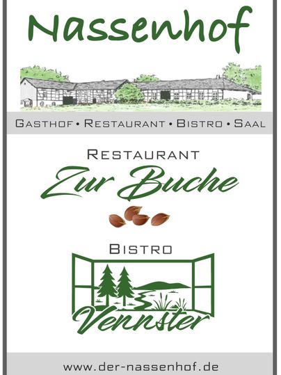 Ein einladendes Schild für das Restaurant Nassenhof. Es zeigt die Namen "Zur Buche" und "Bistro Vennster" mit einem skizzenhaften Bild des Gasthofes.