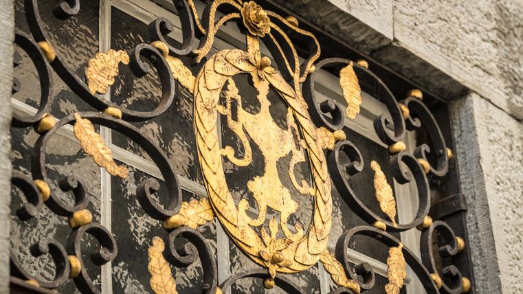 Ein kunstvolles, goldenes Gitter mit einem Wappen. Das Design zeigt elegante Details und verleiht der Fassade Charakter.