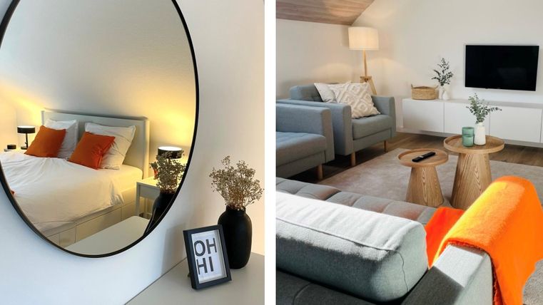 Ein stilvolles Schlafzimmer mit einem großen Spiegel und einem bequemen Bett. Im Wohnzimmer befinden sich moderne Möbel und dekorative Elemente.