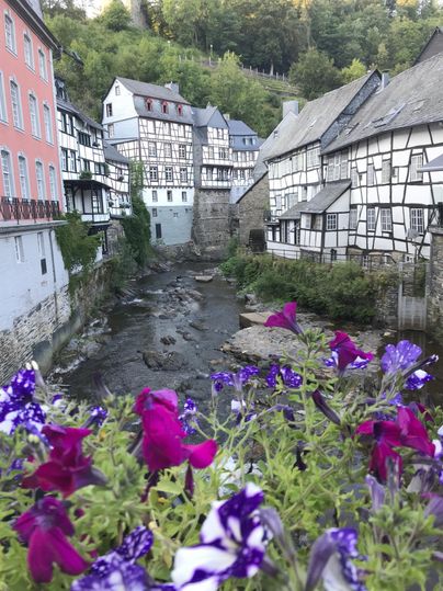 Eine malerische Altstadt mit Fachwerkhäusern am Fluss. Bunte Blumen im Vordergrund verleihen der Szene einen fröhlichen Akzent.